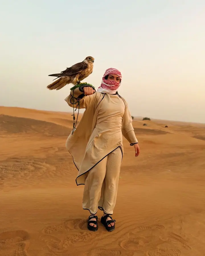 Guest holding a falcon on a gloved arm in the desert