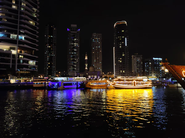 Dubai Marina Dhow Cruise dinner boat at night